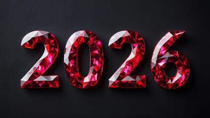 Shiny Ruby Red 2026 Numbers with Faceted Surface on Black Background