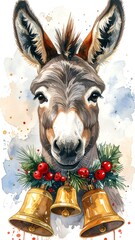 Festive watercolor portrait of a donkey adorned with bells and a wreath