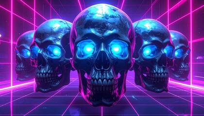 Digitally rendered skulls with glowing blue eyes in neon grid