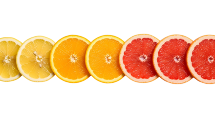 Vibrant gradient of fresh lemon, orange, and grapefruit slices arranged on a white background. A refreshing display of natural color and healthy citrus fruit
