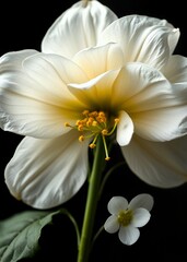 Fototapeta premium White greeting card with flower on a black background funeral flowers grief death flower loss ceremony floral sadness cemetery mourning dead