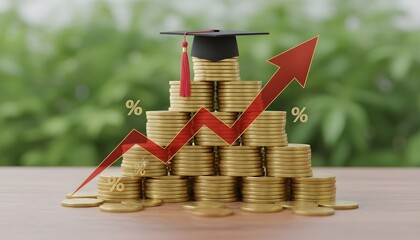 Educational Savings and Student Loan Growth Concept, Graduation Cap on Rising Stack of Coins, Increasing Cost of College Education