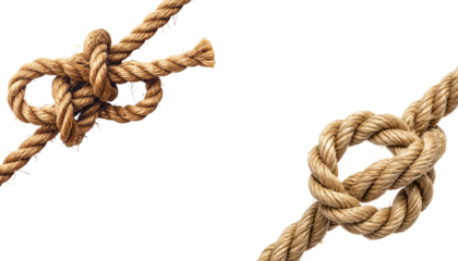 A close-up image of a rope with knots against a white background