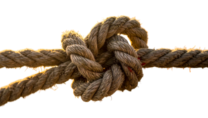 A close-up image of a rope with knots against a white background