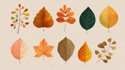 Obraz premium Set of various autumn leaves and branches in flat design style, isolated on a beige speckled background, illustrating fall season.