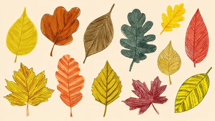 Obraz premium Hand-Drawn Autumn Leaves Collection in Various Colors and Styles