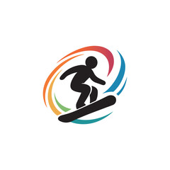 Snowboarder Silhouette Icon with Colorful Motion Swirls on White Background