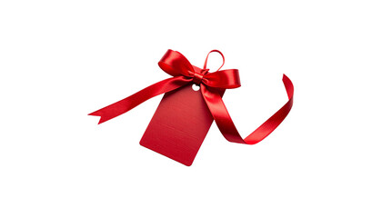 Red Christmas gift tags with ribbon bows on a white background