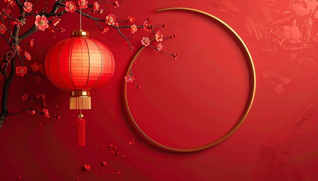 Minimal flat vector Chinese New Year postcard with lantern and blossoms