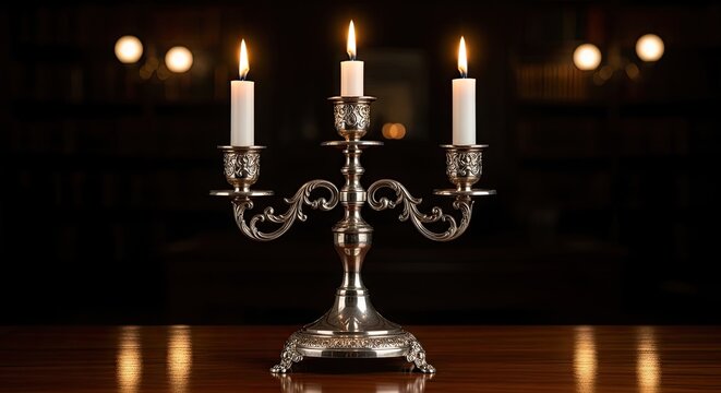 A silver candlestick with three lit candles on a wooden table in a dimly lit room.