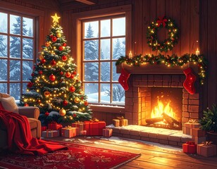 Cozy Christmas Living Room At Night &ndash; Warm Holiday Interior Art