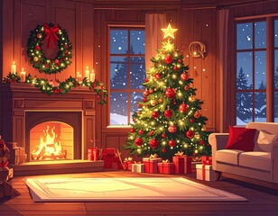 Classic Red Gold Christmas Decor At Night Vector &ndash; Festive Home Scene