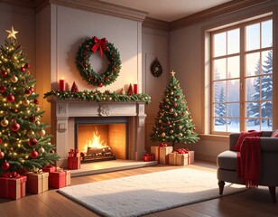 Winter Holiday Living Room Art &ndash; Cozy Christmas Tree Illustration