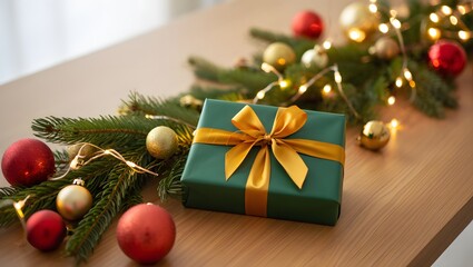 Festive Gift Box Surrounded by Christmas Decorations and Lights