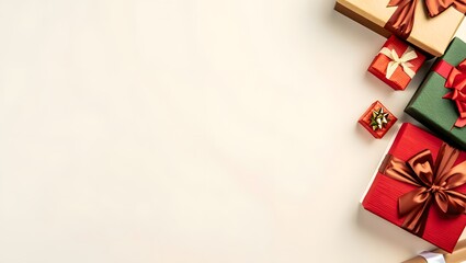 Colorful Gift Boxes with Red and Green Bows on Light Background