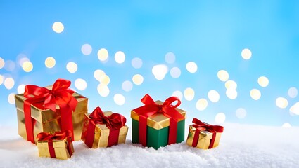 Colorful Christmas gifts in snow with bright, blurred lights background