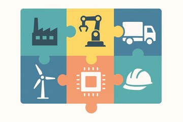 Industry and Technology Icons in a Puzzle, Representing Interconnected Systems