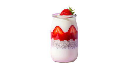 Delicious and healthy strawberry yogurt parfait with chia seeds, a refreshing layered dessert or breakfast treat served in a glass jar against a clean white background