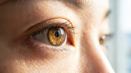 Close-up view of a human eye with a warm brown iris and visible eyelashes, showing intricate details of the pupil and surrounding skin.