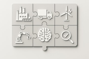 Industry 4.0 concept: puzzle pieces with factory, truck, wind turbine, and more