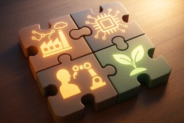 Industry 4.0 concept: puzzle pieces representing technology, sustainability, and innovation