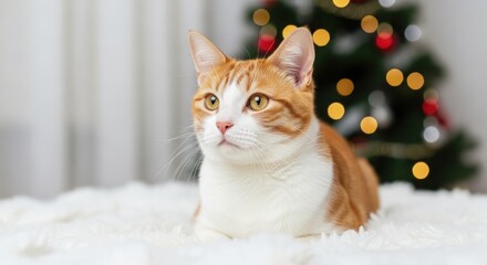 A ginger and white cat sitting on a white blanket with a Christmas tree in the background.
