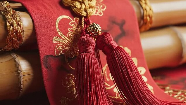 Close-up of red Chinese New Year decorations with golden accents and tassels on bamboo scrolls.