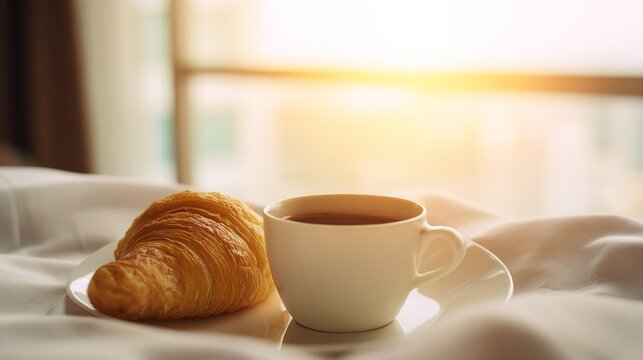 cuo. Hotel breakfast tray with croissant and coffee cup, bathed in morning sunlight. menu design, packaging mockups, designed for food delivery and cloud-kitchen brand materials.