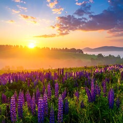 Field of purple flowers bathed in golden sunrise with a misty background
