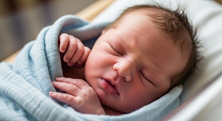 A newborn baby sleeping in a hospital bassinet.