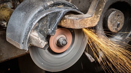 abrasive. Close-up of a grinding wheel sharpening an old knife with flying sparks in an industrial workshop. safety posters.