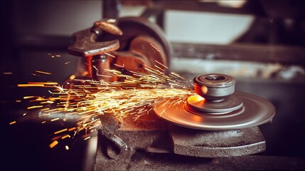 abrasive. Close-up of a grinding wheel sharpening an old knife with flying sparks in an industrial workshop. safety posters.