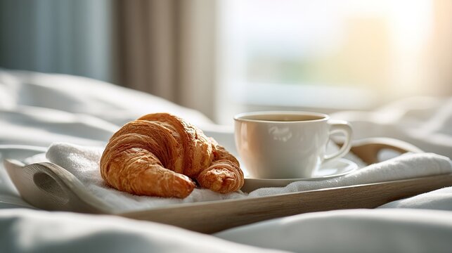 cuo. Hotel breakfast tray with croissant and coffee cup, bathed in morning sunlight. menu design, packaging mockups, designed for food delivery and cloud-kitchen brand materials.