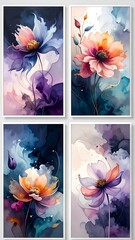 Obraz premium Four abstract floral watercolor paintings, each featuring a single elegant flower blossom