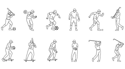 Black-and-white line illustrations of athletes performing various sports including baseball, basketball, soccer, tennis, boxing, skateboarding, ice hockey, cricket, golf, and football – dynamic action