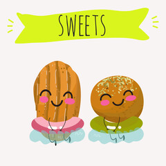 Funny Characters lokma, tulumba. Turkish,  Eastern sweets. Hand drawn vector illustration.