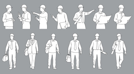 White silhouette illustrations of construction workers and engineers in various poses with tools, blueprints, and gear on gray background – ideal for visualizing labor roles, safety, teamwork, and ind
