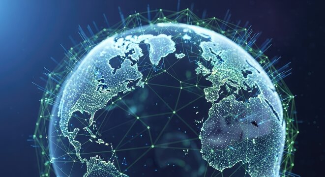 A globe with a network of connections around it, representing global connectivity. - Powered by Adobe