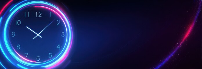 Futuristic digital clock with glowing blue and pink neon circular interface showing time on dark background. Technology concept representing innovation, digital transformation, and futuristic design 