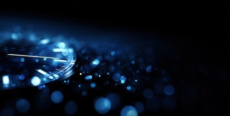 Luxury watch dial with blue bokeh lights background. High end timepiece detail showing clock face with glowing blue lights representing elegance and precision craftsmanship.