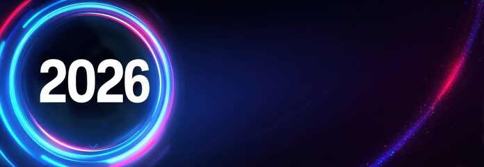 Futuristic 2026 new year digital frame with glowing blue and purple circular technology elements. Abstract cyber tech background representing future innovation and new year celebration concepts.