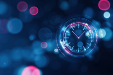 Futuristic digital clock with glowing blue and pink neon circular interface showing time on dark background. 