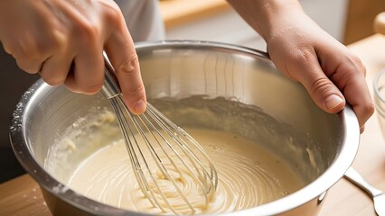 Close-up of Whisking Ingredients in a Metal Bowl, Preparing Delicious Meal