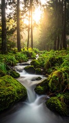 Obraz premium Forest stream cascades down rocks covered in moss, as sunlight pierces through the trees