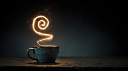 longevity. Vintage coffee cup with an infinite glowing spiral, symbolizing longevity and ritual. bar promotions, beverage menus, designed for food & beverage menus and cafe branding.