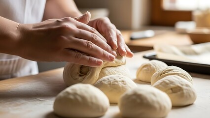 Crafting artisanal bread, hands working dough on rustic wooden surface