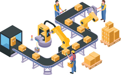 Isometric automated factory production line with robotic arms, conveyor belts and workers, modern industrial manufacturing process illustration