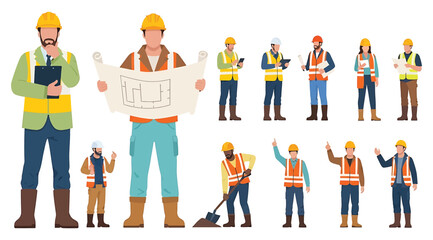 Illustration of eleven construction workers in safety gear performing tasks like inspecting, planning, digging, and communicating &ndash; ideal for teamwork, site coordination, and industrial role visualiza