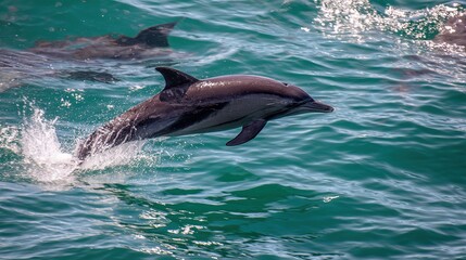 cetacean. Dolphin leaping from turquoise ocean waters, dynamic marine life in motion. wildlife magazines, conservation campaigns, designed for nature documentaries and education.