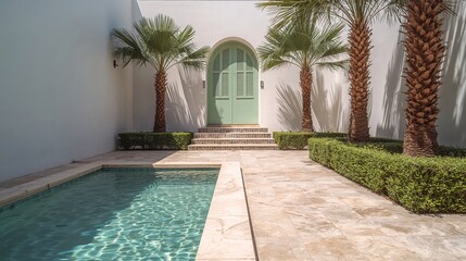 Calm turquoise swimming pool glowing inside a traditional house courtyard beside tropical palm exterior design background aesthetic wallpaper 4k